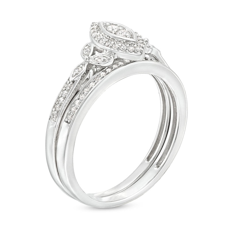 Main Image 3 of 1/4 CT. T.W. Marquise-Shaped Multi-Diamond Frame Leaf-Sides Ribbon Shank Bridal Set in Sterling Silver