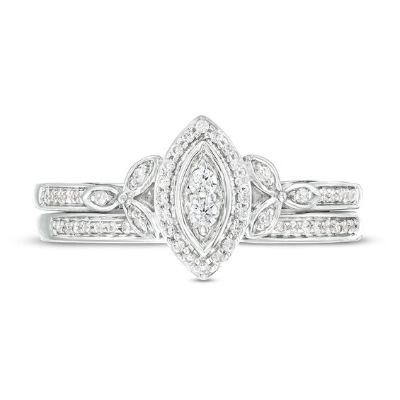 1/4 CT. T.w. Marquise-Shaped Multi-Diamond Frame Leaf-Sides Ribbon Shank Bridal Set in Sterling Silver