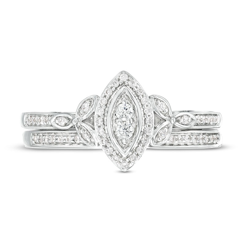 Main Image 4 of 1/4 CT. T.W. Marquise-Shaped Multi-Diamond Frame Leaf-Sides Ribbon Shank Bridal Set in Sterling Silver
