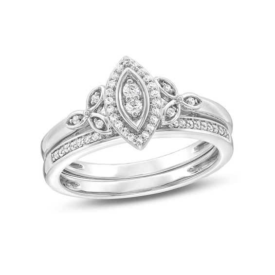 1/5 CT. T.w. Marquise-Shaped Multi-Diamond Frame Leaf-Sides Bridal Set in Sterling Silver