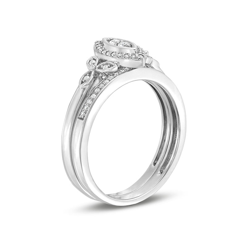 Main Image 3 of 1/5 CT. T.W. Marquise-Shaped Multi-Diamond Frame Leaf-Sides Bridal Set in Sterling Silver