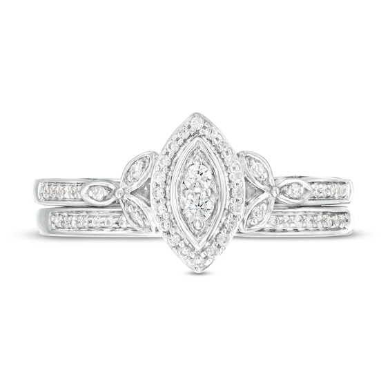 1/4 CT. T.w. Marquise-Shaped Multi-Diamond Frame Leaf-Sides Ribbon Shank Bridal Set in Sterling Silver