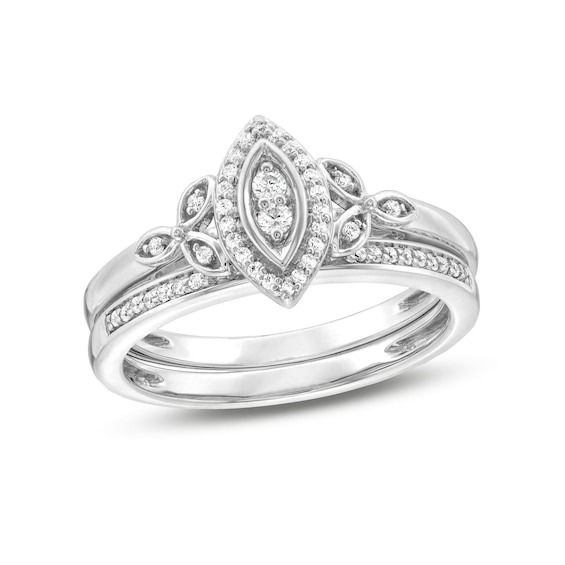 1/5 CT. T.w. Marquise-Shaped Multi-Diamond Frame Leaf-Sides Bridal Set in Sterling Silver