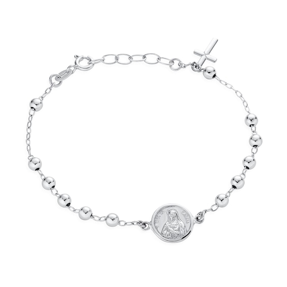 Virgin Mary Medallion with Cross Charm Rosary Bracelet in Sterling Silver - 9.0"