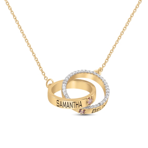 Couple's Gemstone and Diamond Accent Interlocking Rings Necklace (2 Stones and Lines)
