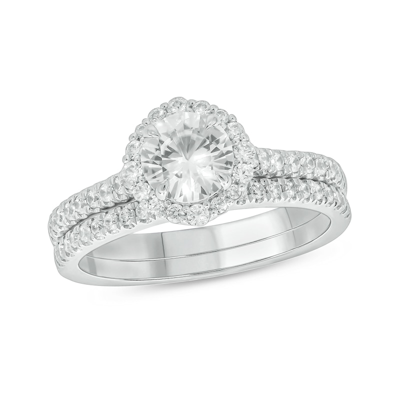 Main Image 1 of 6.0mm White Lab-Created Sapphire and 1/2 CT. T.W. Diamond Frame Bridal Set in 10K White Gold