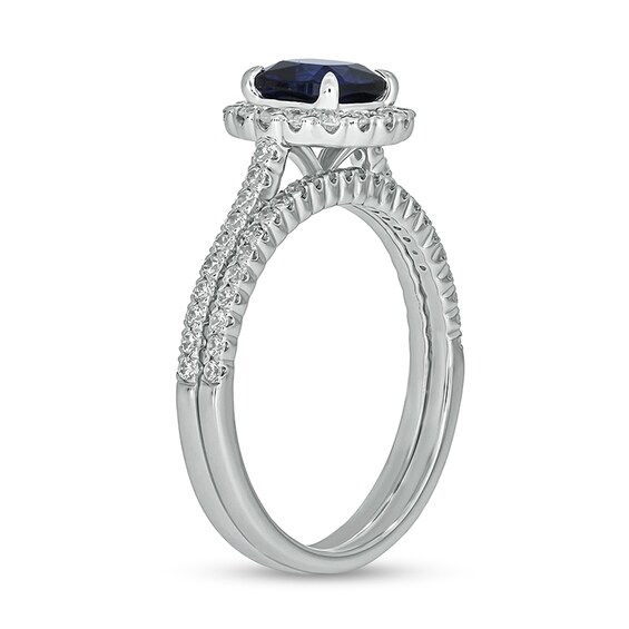 6.0mm Cushion-Cut Blue Lab-Created Sapphire and 1/2 CT. T.w. Diamond Frame Bridal Set in 10K White Gold