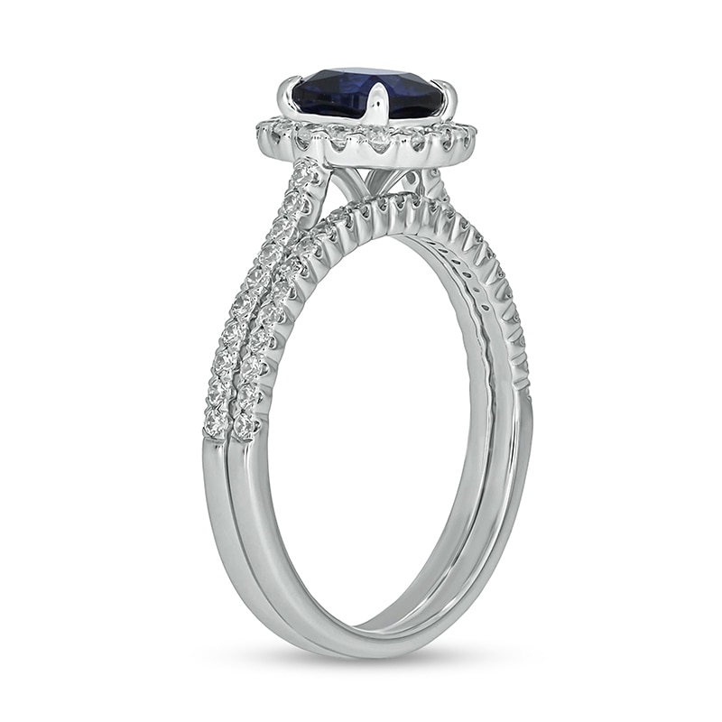 Main Image 2 of 6.0mm Cushion-Cut Blue Lab-Created Sapphire and 1/2 CT. T.W. Diamond Frame Bridal Set in 10K White Gold