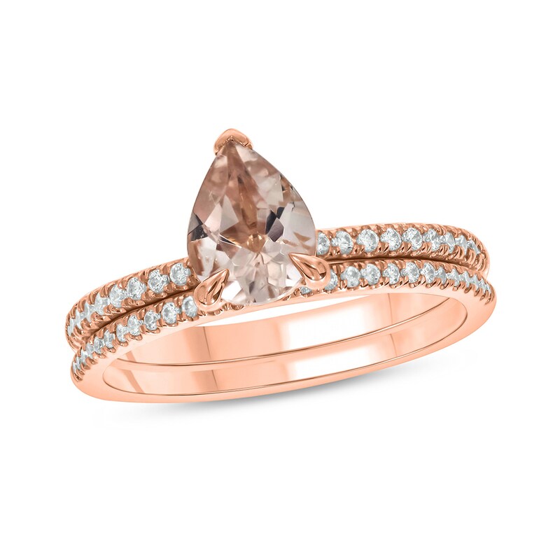 Main Image 1 of Pear-Shaped Morganite and 1/3 CT. T.W. Diamond Bridal Set in 10K Rose Gold