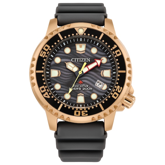 Men's Citizen Eco-DriveÂ® Promaster Dive Rose-Tone PVD Black Strap Watch with Grey Dial (Model: Bn0163-00H)