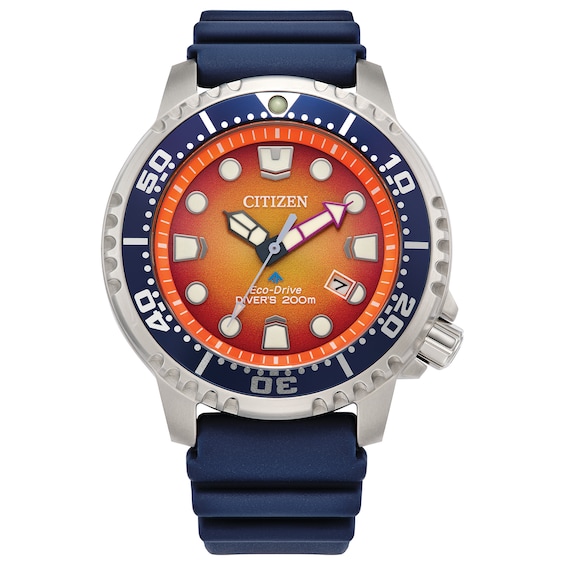 Men's Citizen Eco-DriveÂ® Promaster Dive Blue Strap Watch with Orange Dial (Model: Bn0169-03X)