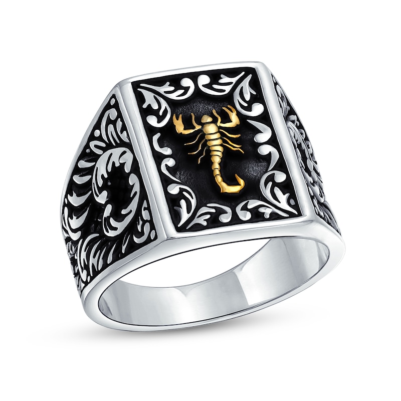 Main Image 1 of Men's Oxidized Scorpion and Filigree Rectangle-Top Signet Ring in Sterling Silver and Brass