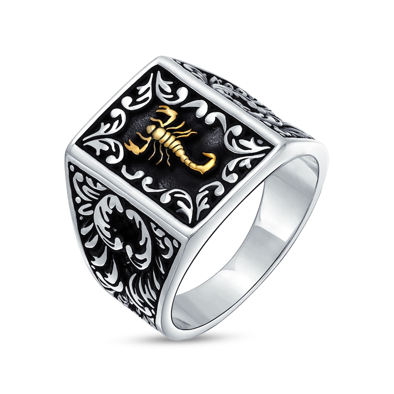 Main Image 2 of Men's Oxidized Scorpion and Filigree Rectangle-Top Signet Ring in Sterling Silver and Brass