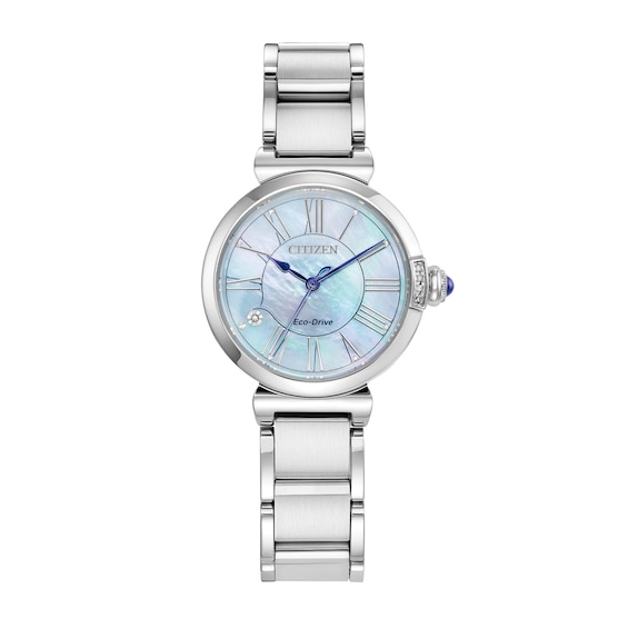 Ladies' Citizen Eco-DriveÂ® L Mae Diamond Accent Silver-Tone Watch with Mother-of-Pearl Dial (Model: Em1060-52N)