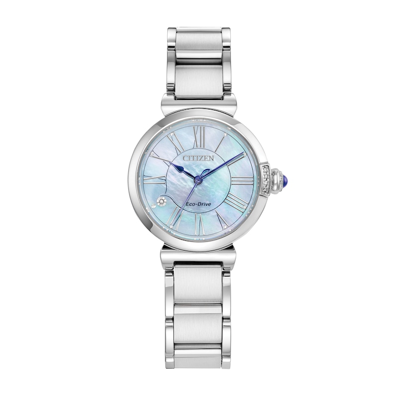 Main Image 1 of Ladies' Citizen Eco-Drive® L Mae Diamond Accent Silver-Tone Watch with Mother-of-Pearl Dial (Model: EM1060-52N)