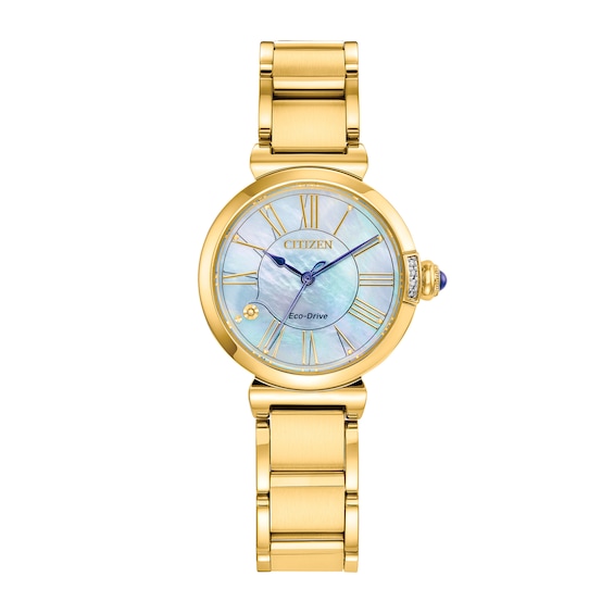 Ladies' Citizen Eco-DriveÂ® L Mae Diamond Accent Gold-Tone Watch with Mother-of-Pearl Dial (Model: Em1062-57D)