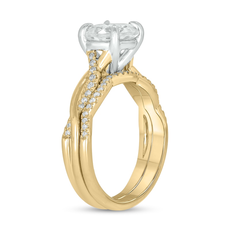 Main Image 2 of 8.0mm White Lab-Created Sapphire and 1/4 CT. T.W. Diamond Twist Shank Bridal Set in 10K Gold