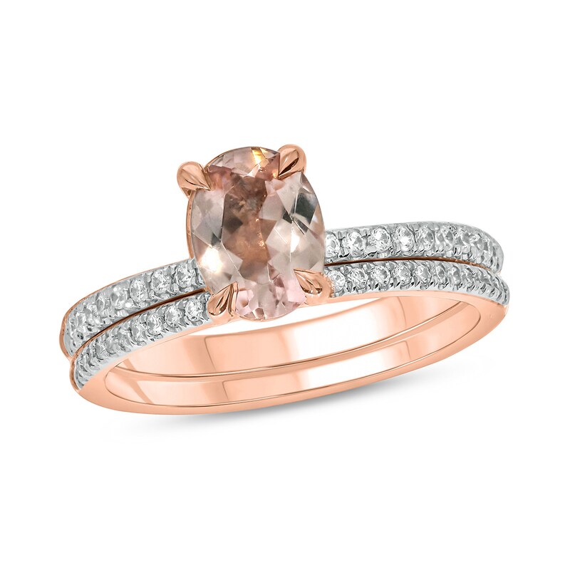 Main Image 1 of Oval Morganite and 1/3 CT. T.W. Diamond Bridal Set in 10K Rose Gold