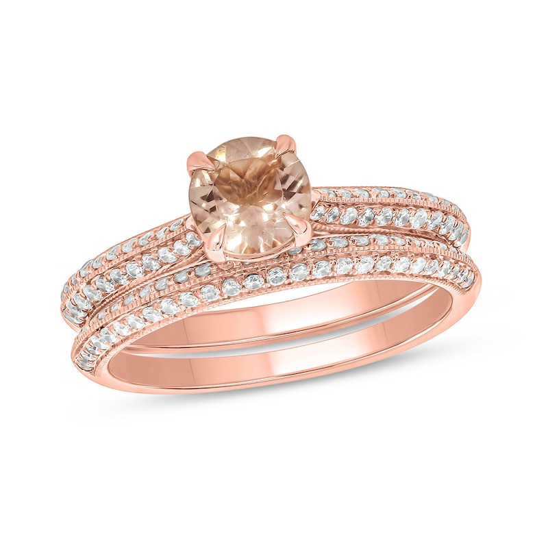 6.0mm Morganite and 1/2 CT. T.W. Diamond Double Row Vintage-Style Bridal Set in 10K Rose Gold