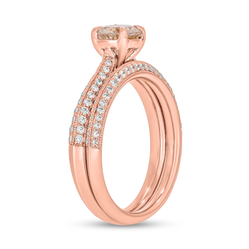 6.0mm Morganite and 1/2 CT. T.W. Diamond Double Row Vintage-Style Bridal Set in 10K Rose Gold
