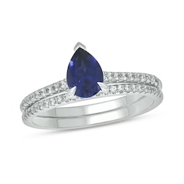 Pear-Shaped Blue Lab-Created Sapphire and 1/3 CT. T.W. Diamond Bridal Set in 10K White Gold