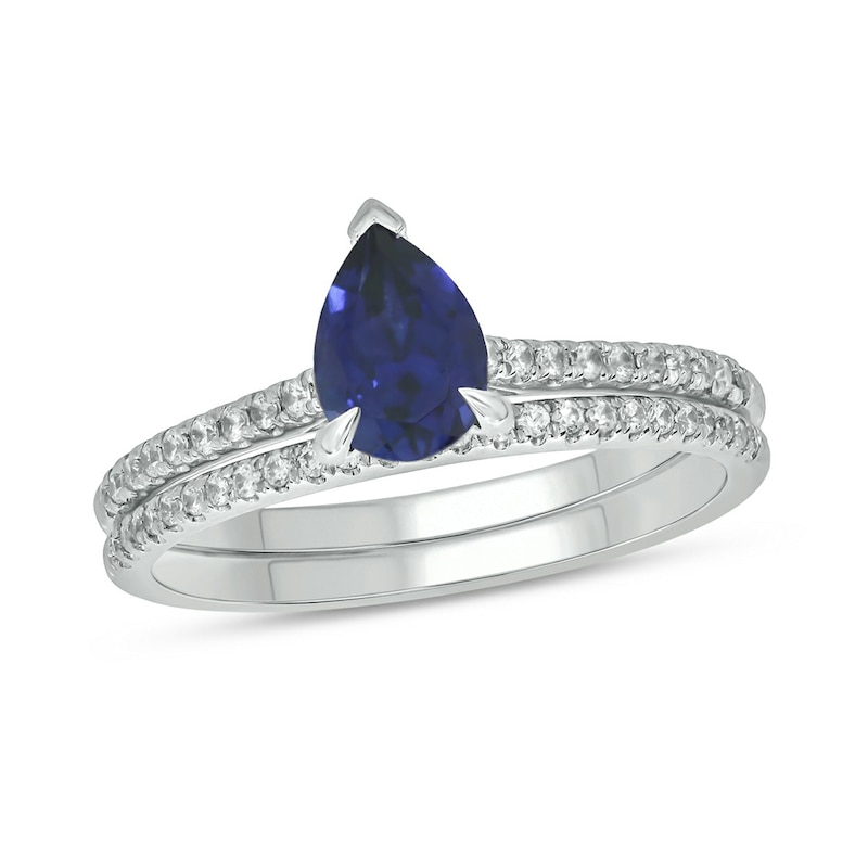 Main Image 1 of Pear-Shaped Blue Lab-Created Sapphire and 1/3 CT. T.W. Diamond Bridal Set in 10K White Gold