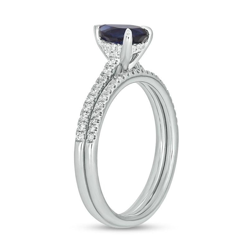 Main Image 2 of Pear-Shaped Blue Lab-Created Sapphire and 1/3 CT. T.W. Diamond Bridal Set in 10K White Gold