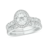 Thumbnail Image 1 of Oval White Lab-Created Sapphire and 1/2 CT. T.W. Diamond Frame Vintage-Style Art Deco Bridal Set in 10K White Gold