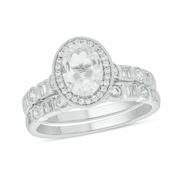 Oval White Lab-Created Sapphire and 1/2 CT. T.W. Diamond Frame Vintage-Style Art Deco Bridal Set in 10K White Gold