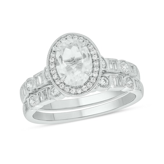 Oval White Lab-Created Sapphire and 1/2 CT. T.w. Diamond Frame Vintage-Style Art Deco Bridal Set in 10K White Gold