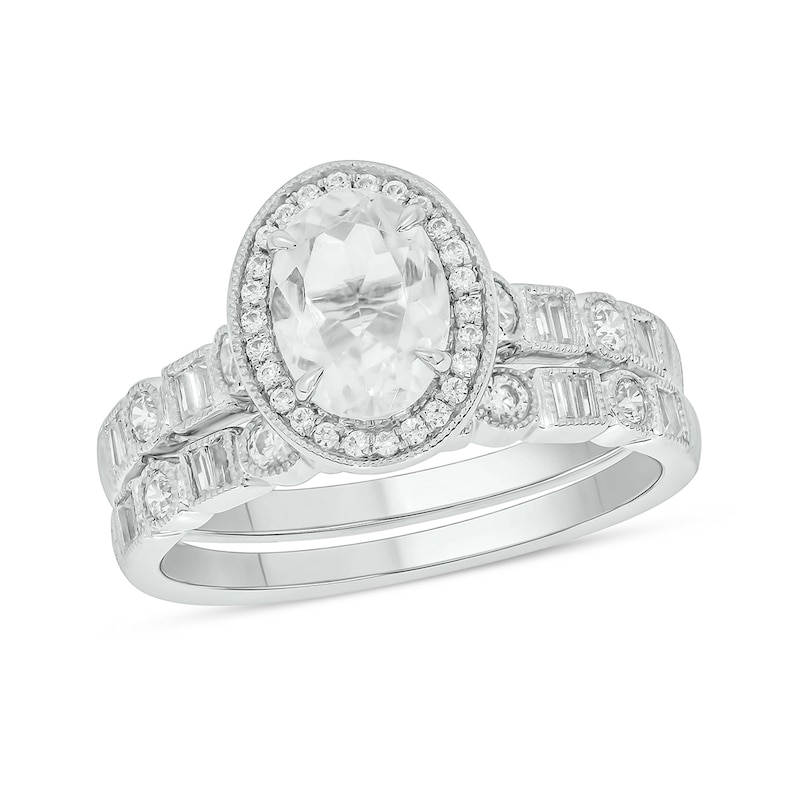 Main Image 1 of Oval White Lab-Created Sapphire and 1/2 CT. T.W. Diamond Frame Vintage-Style Art Deco Bridal Set in 10K White Gold