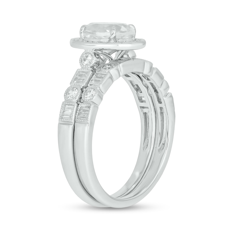 Main Image 2 of Oval White Lab-Created Sapphire and 1/2 CT. T.W. Diamond Frame Vintage-Style Art Deco Bridal Set in 10K White Gold