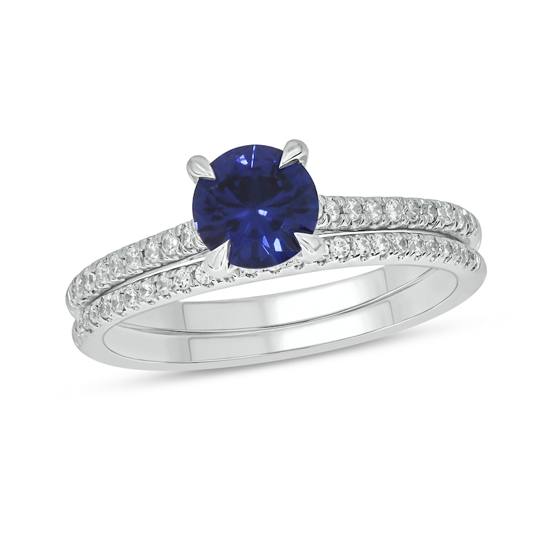 Main Image 1 of 6.0mm Blue Lab-Created Sapphire and 1/3 CT. T.W. Diamond Bridal Set in 10K White Gold
