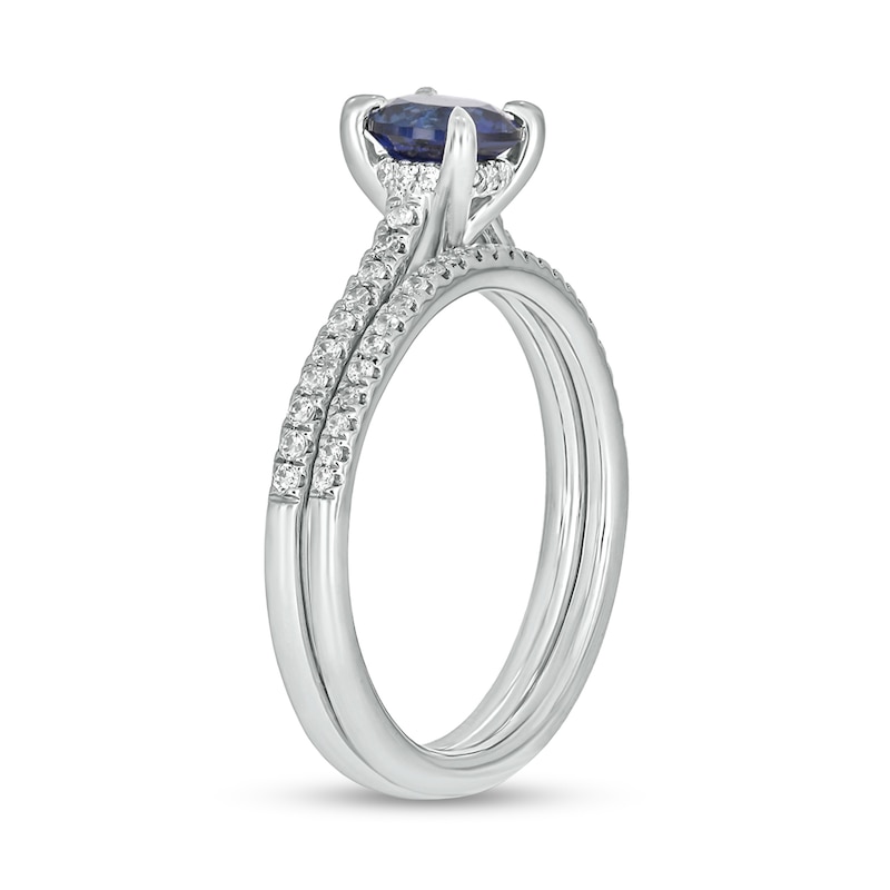 Main Image 2 of 6.0mm Blue Lab-Created Sapphire and 1/3 CT. T.W. Diamond Bridal Set in 10K White Gold