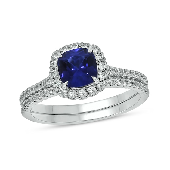 6.0mm Cushion-Cut Blue Lab-Created Sapphire and 1/2 CT. T.w. Diamond Frame Bridal Set in 10K White Gold