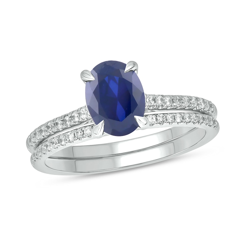 Main Image 1 of Oval Blue Lab-Created Sapphire and 1/3 CT. T.W. Diamond Bridal Set in 10K White Gold