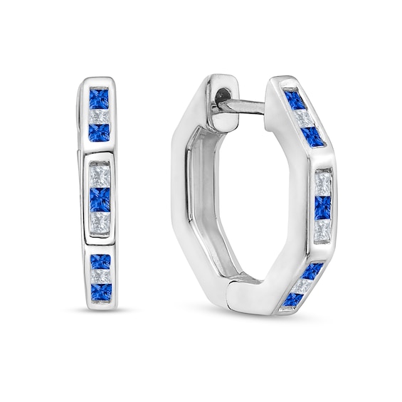 Princess-Cut Blue Sapphire and 1/6 CT. T.w. Diamond Channel-Set Alternating Octagonal Hoop Earrings in 10K White Gold