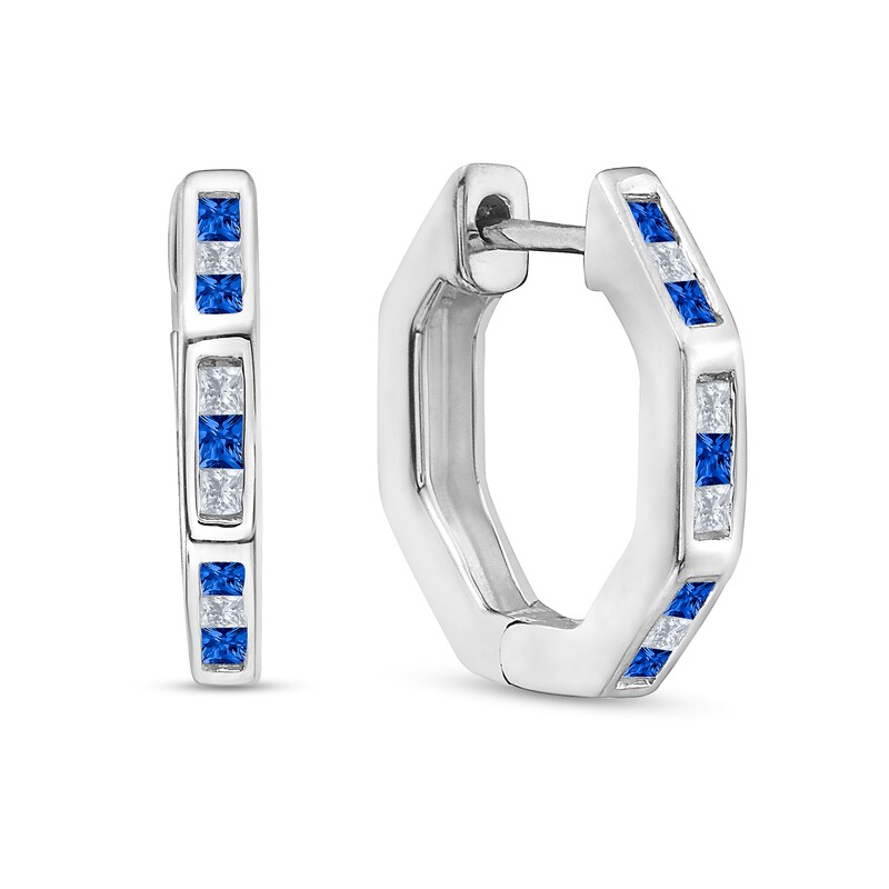 Main Image 1 of Princess-Cut Blue Sapphire and 1/6 CT. T.W. Diamond Channel-Set Alternating Octagonal Hoop Earrings in 10K White Gold