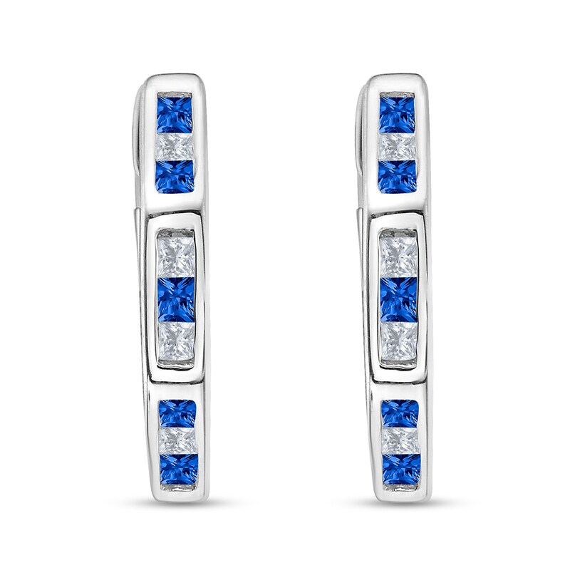 Main Image 2 of Princess-Cut Blue Sapphire and 1/6 CT. T.W. Diamond Channel-Set Alternating Octagonal Hoop Earrings in 10K White Gold