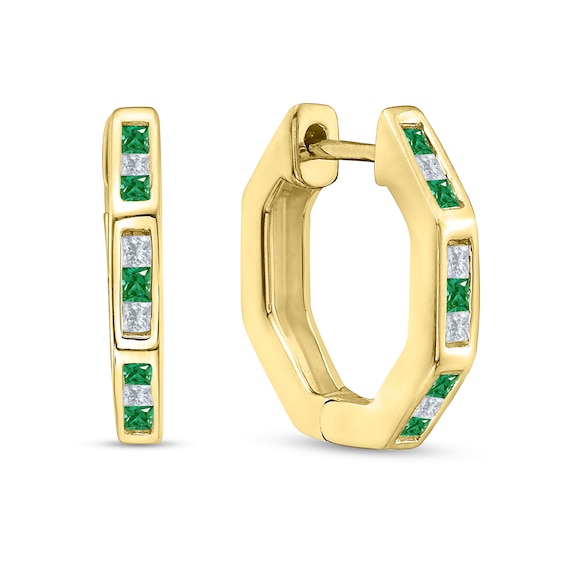 Princess-Cut Emerald and 1/6 CT. T.w. Diamond Channel-Set Alternating Octagonal Hoop Earrings in 10K Gold