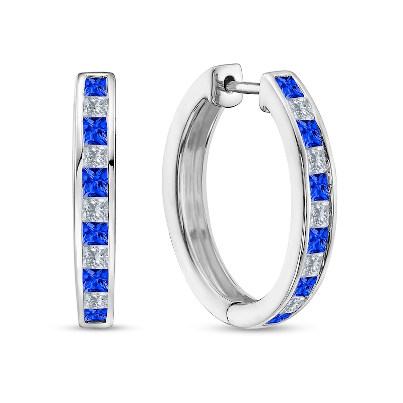 Main Image 1 of Princess-Cut Blue Sapphire and 5/8 CT. T.W. Diamond Channel-Set Alternating Hoop Earrings in 10K White Gold