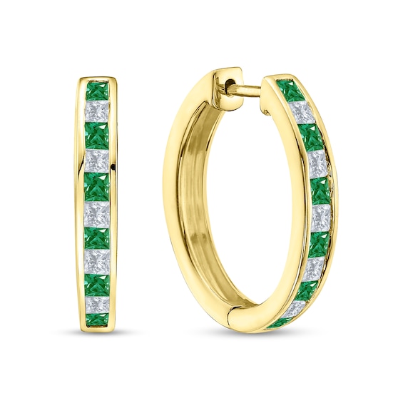 Princess-Cut Emerald and 5/8 CT. T.w. Diamond Channel-Set Alternating Hoop Earrings in 10K Gold