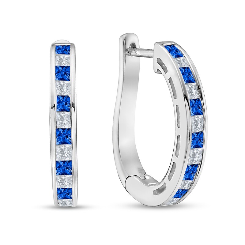 Main Image 1 of Princess-Cut Blue Sapphire and 1/2 CT. T.W. Diamond Channel-Set Alternating U-Hoop Earrings in 10K White Gold