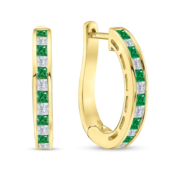Princess-Cut Emerald and 1/2 CT. T.w. Diamond Channel-Set Alternating U-Hoop Earrings in 10K Gold