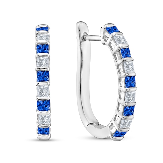 Princess-Cut Blue Sapphire and 1/2 CT. T.w. Diamond Bar-Set Alternating U-Hoop Earrings in 10K White Gold