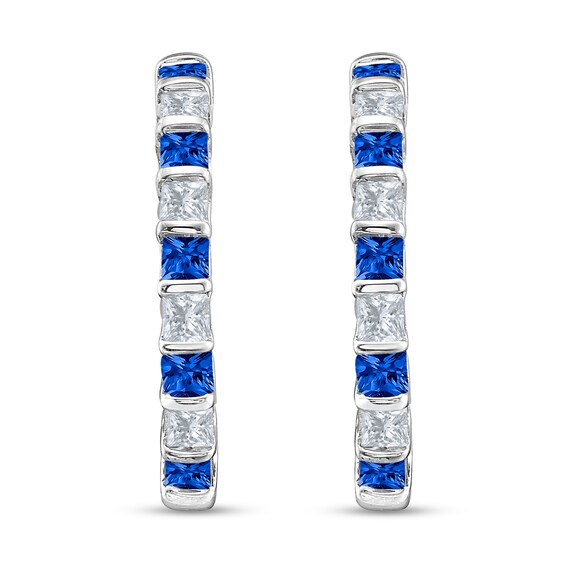 Princess-Cut Blue Sapphire and 1/2 CT. T.w. Diamond Bar-Set Alternating U-Hoop Earrings in 10K White Gold