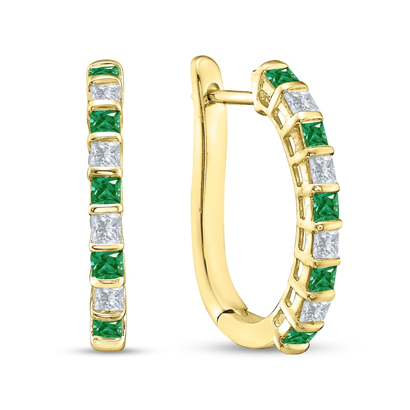 Main Image 1 of Princess-Cut Emerald and 1/2 CT. T.W. Diamond Bar-Set Alternating U-Hoop Earrings in 10K Gold