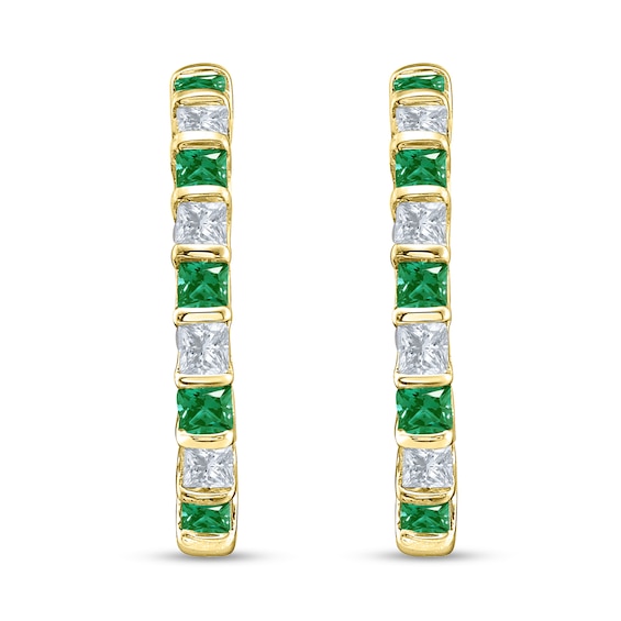 Princess-Cut Emerald and 1/2 CT. T.w. Diamond Bar-Set Alternating U-Hoop Earrings in 10K Gold