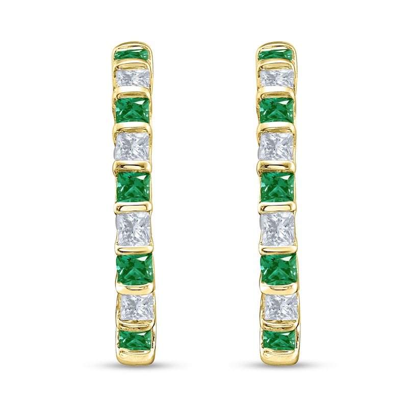 Main Image 2 of Princess-Cut Emerald and 1/2 CT. T.W. Diamond Bar-Set Alternating U-Hoop Earrings in 10K Gold