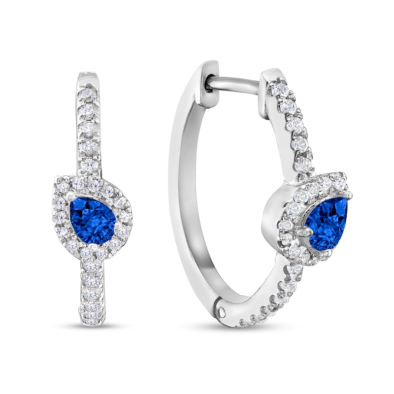 Main Image 1 of Pear-Shaped Blue Sapphire and 1/3 CT. T.W. Diamond Tilted Frame Hoop Earrings in 10K White Gold